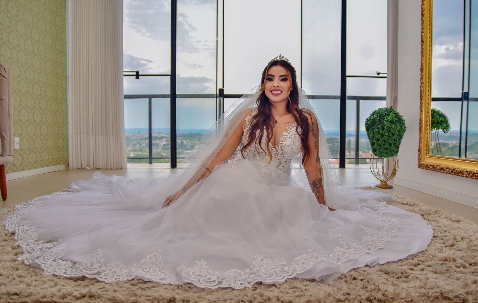 Bride with styled hair and gown